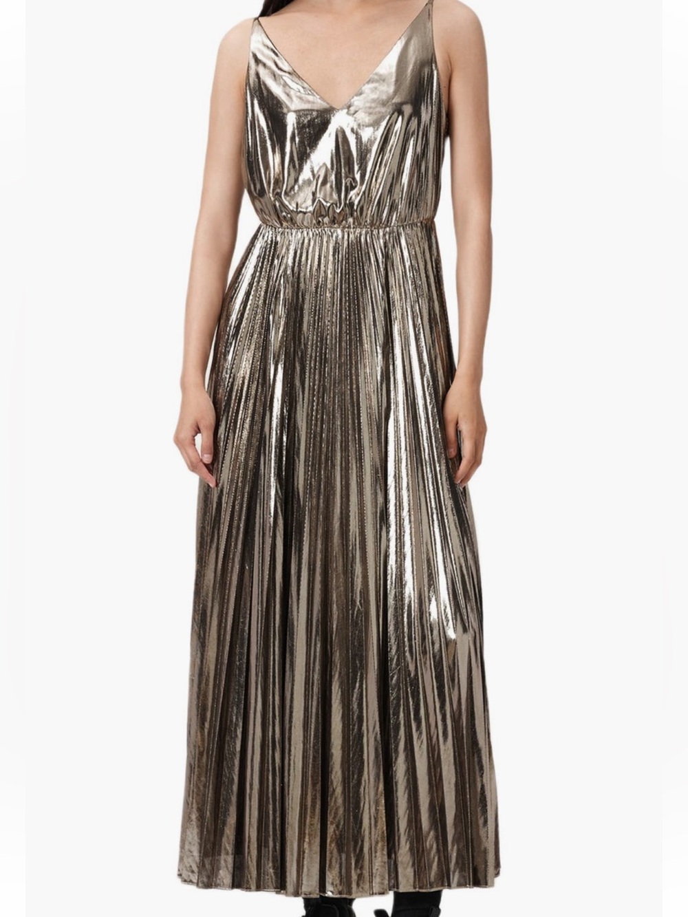 NEW All Saints Spark Pleated Maxi Dress in Bronze Brown - Picture 1 of 8